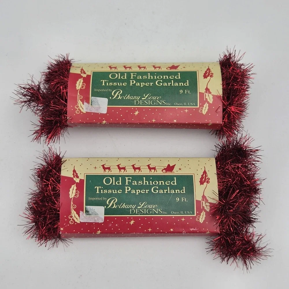 Lots of 2 Vintage Style Bethany Lowe Old Fashioned Tinsel Garland Red 9 ft.